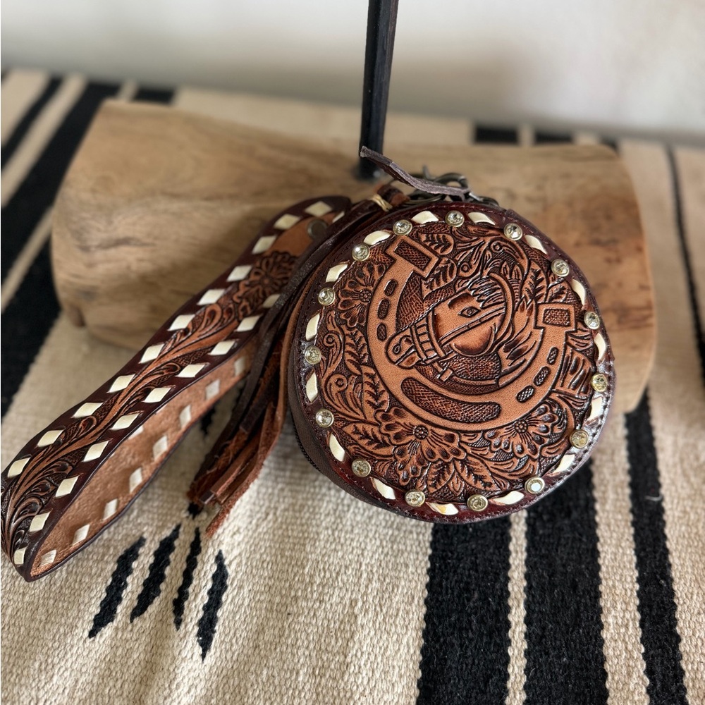 Hand-Tooled Brown Leather Round Coin Purse with Wrist Strap